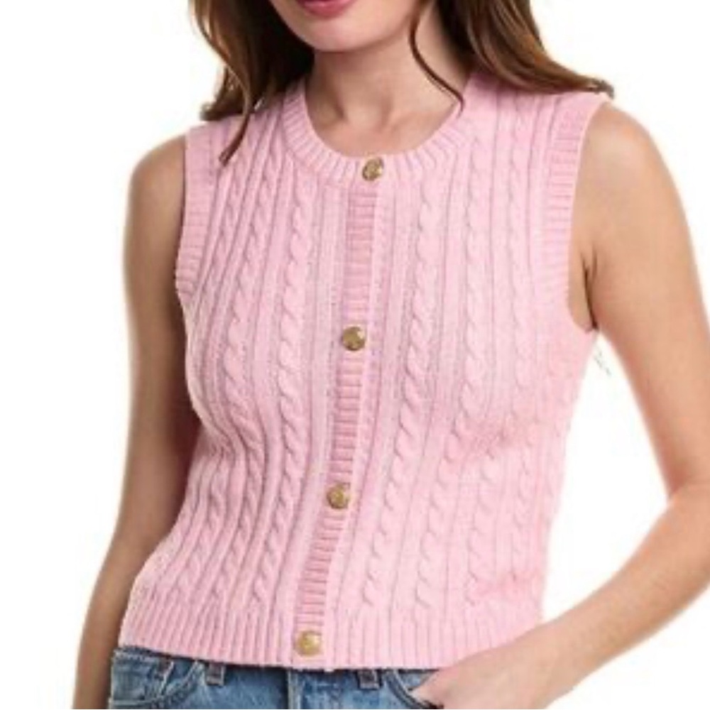 Walter Baker Pink Cable Knit Sleeveless Sweater with Gold Buttons Large Woman’s